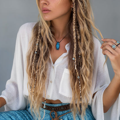 Collana Blu Wave indossata da una donna, con ciondolo surf in legno d'acero blu e resina